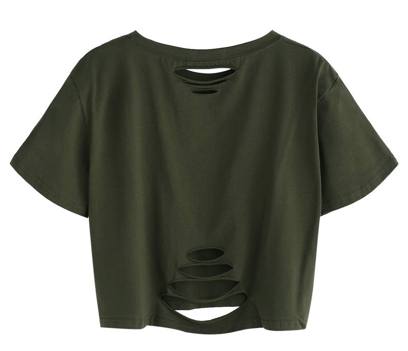 SweatyRocks Women's Summer Short Sleeve Tee Distressed Ripped Crop T-shirt Tops Green M - Image 2